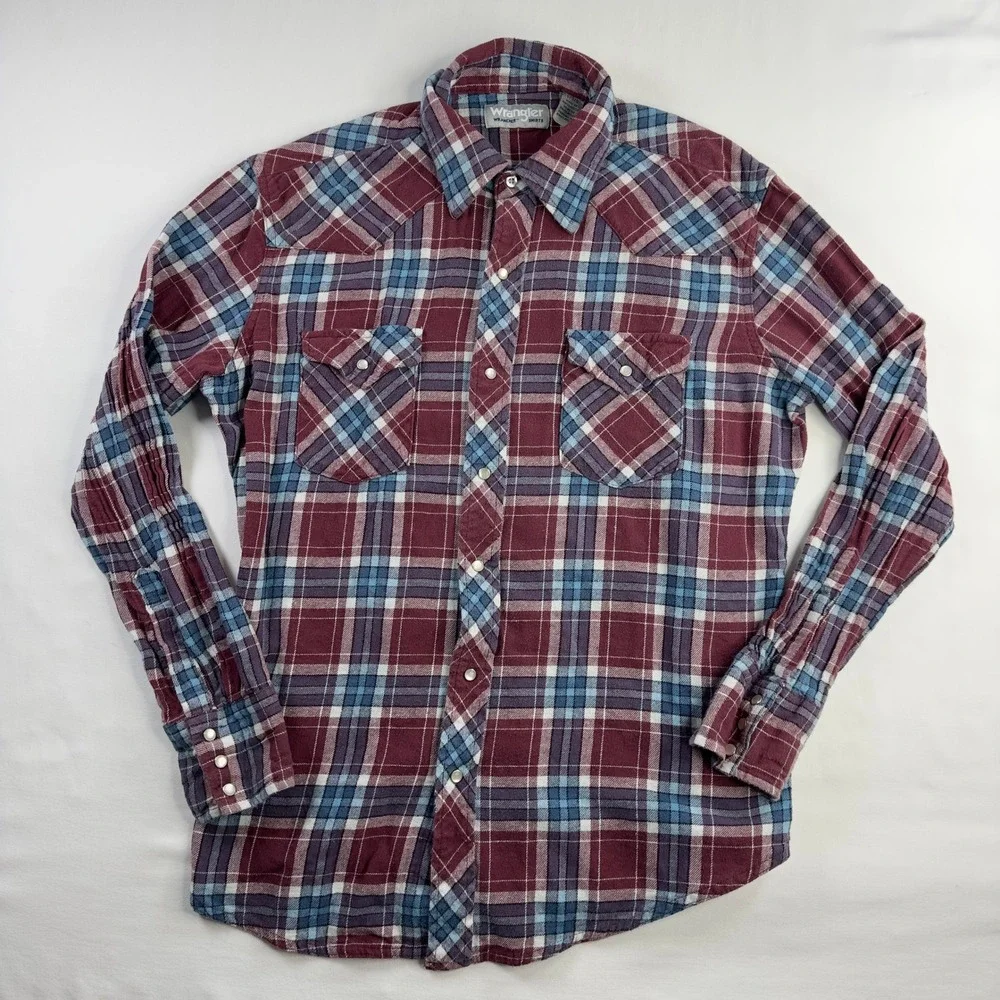 Wrangler Shirt Men's Large Flannel Red Blue Plaid Long Sleeve Button Down